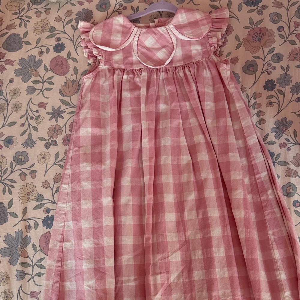 Girls Pink Gingham Ruffle Collar Dress